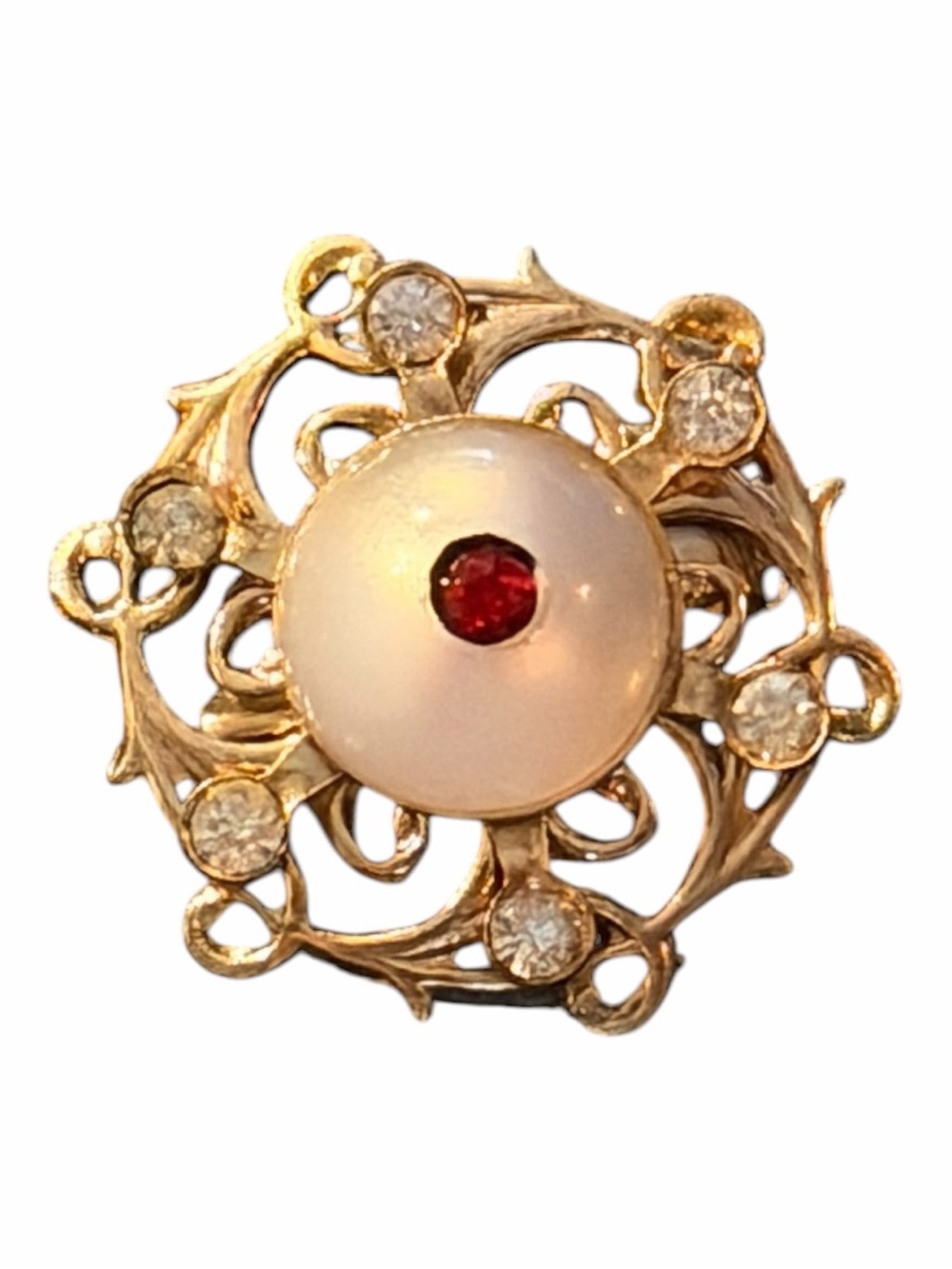 Vintage Moonglow Pearl Ruby Red Rhinestone Gold Tone Brooch Pin